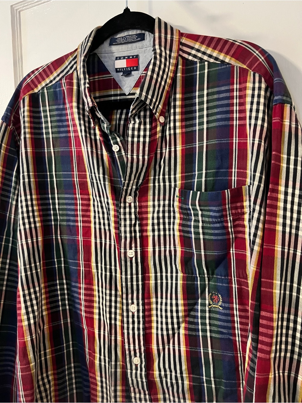 VINTAGE 90s Tommy Hilfiger Lion Crest Stripe Plaid Shirt XL Preppy Streetwear